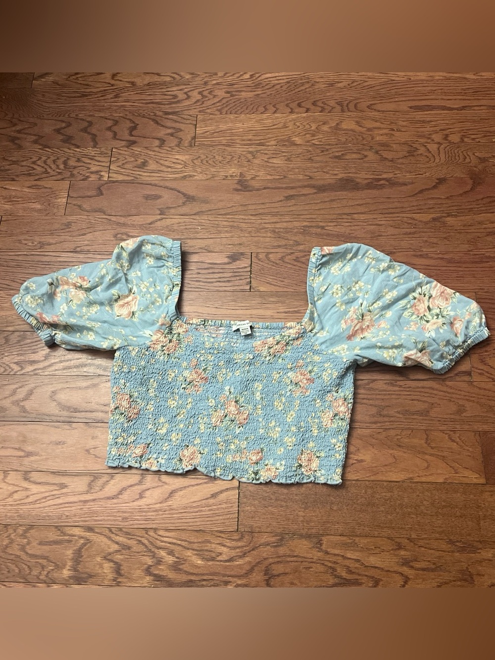 American Eagle Outfitters Light Blue Floral Smocked Puff-Sleeve Crop Top